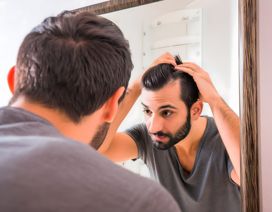 Dandruff problem. Man with comb examining his hair and scalp near mirror indoors